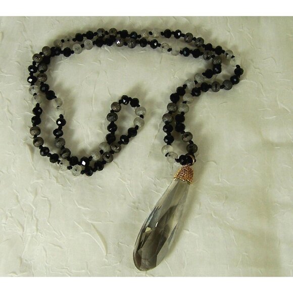 Faceted Teardrop Glass Pendant Long Line Necklace Frosted Gray Black Beads Knots - Picture 2 of 6